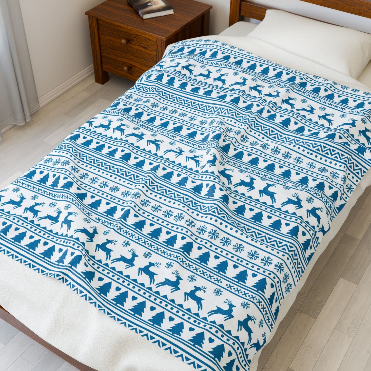 Blue Nordic Reindeer Fair Isle Velveteen Throw