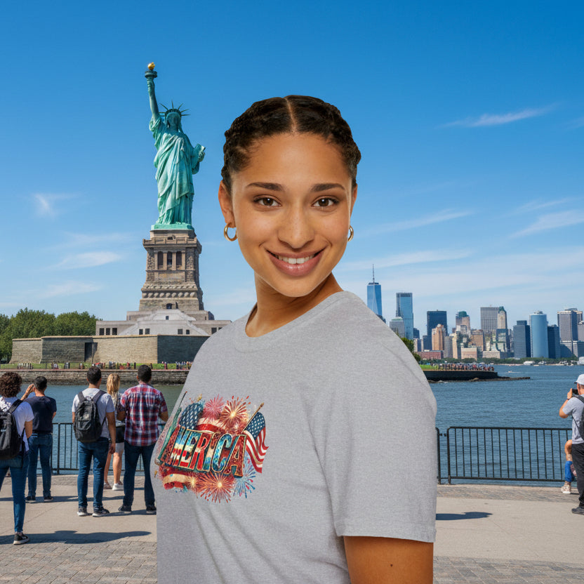 America T-Shirt — USA Flag, Fireworks & Statue of Liberty Design
