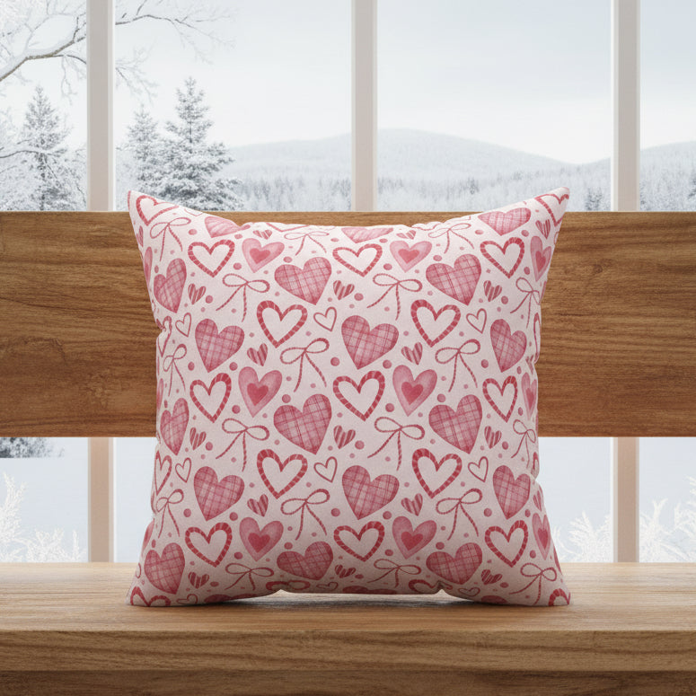 Pink Hearts & Ribbons Faux Suede Pillow