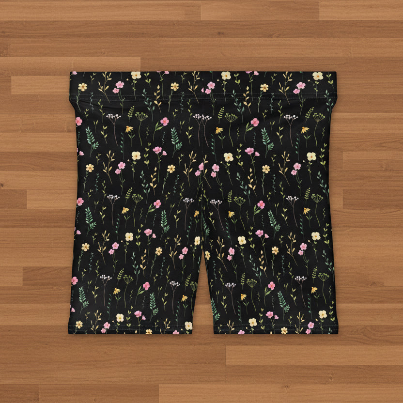 Floral Meadow Spandex Shorts — Black Wildflower Print
