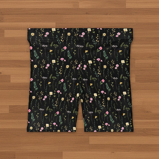 Floral Meadow Spandex Shorts — Black Wildflower Print