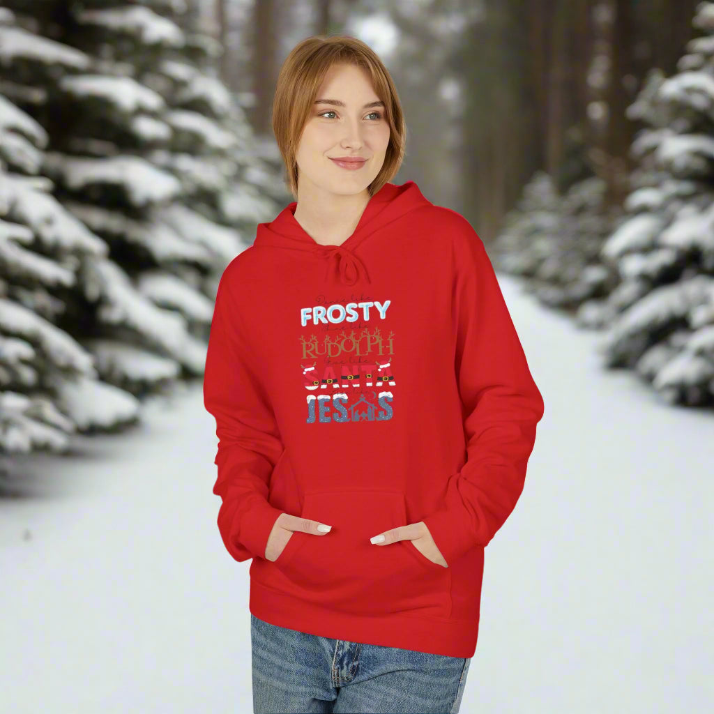 Person wearing a red hoodie with colorful text on a white background