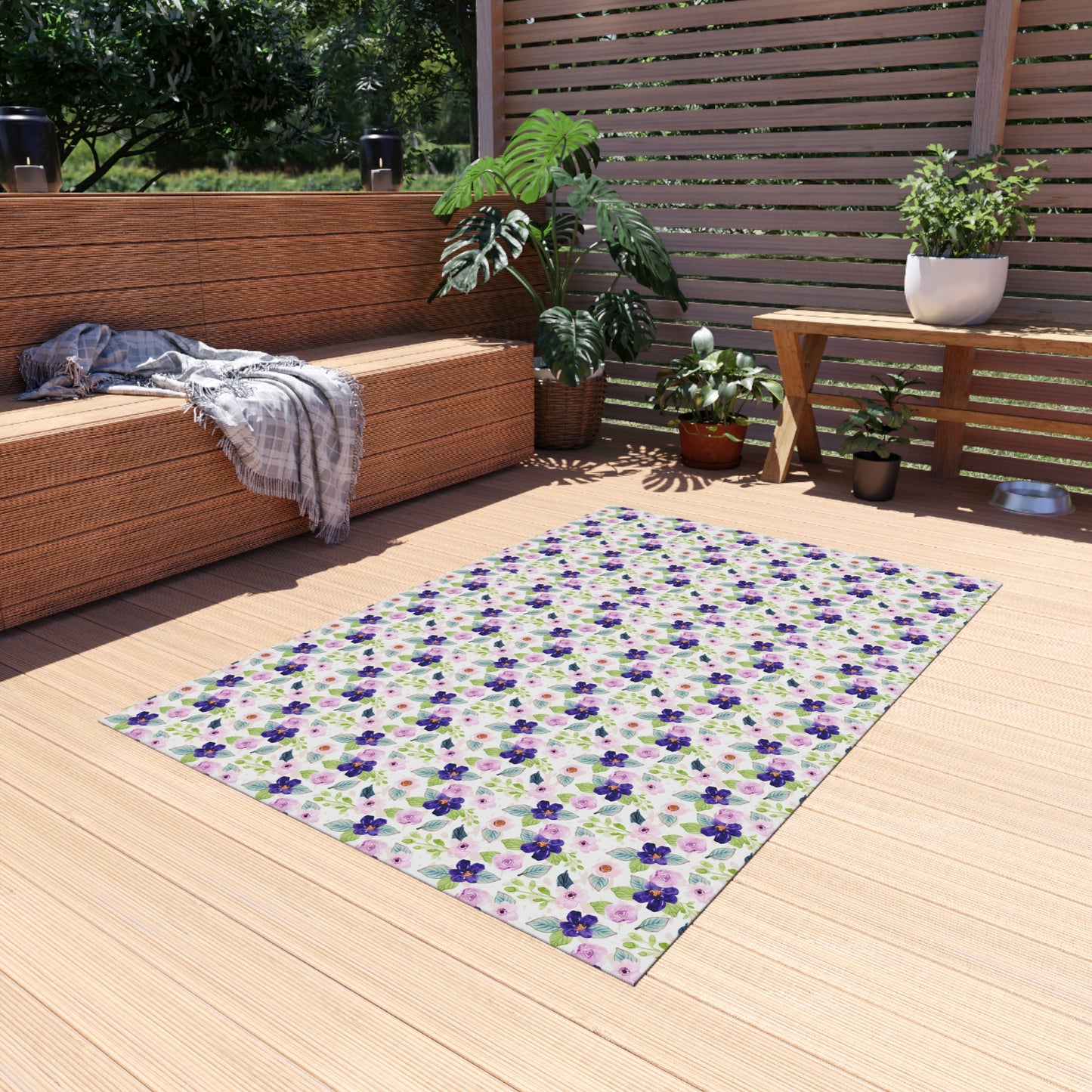 Floral Pansy Outdoor Rug — Purple Garden Patio Mat