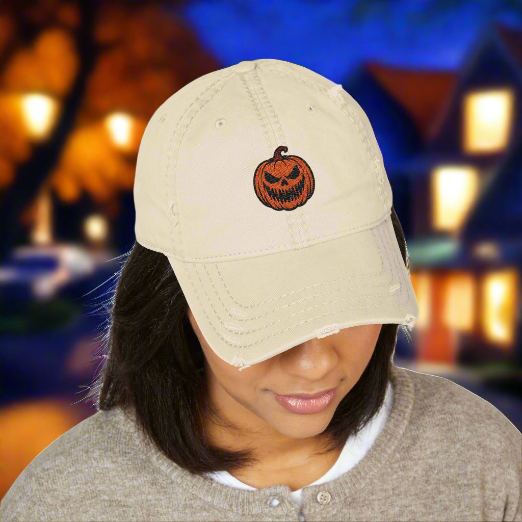 Spooky Pumpkin Embroidered Distressed Cap