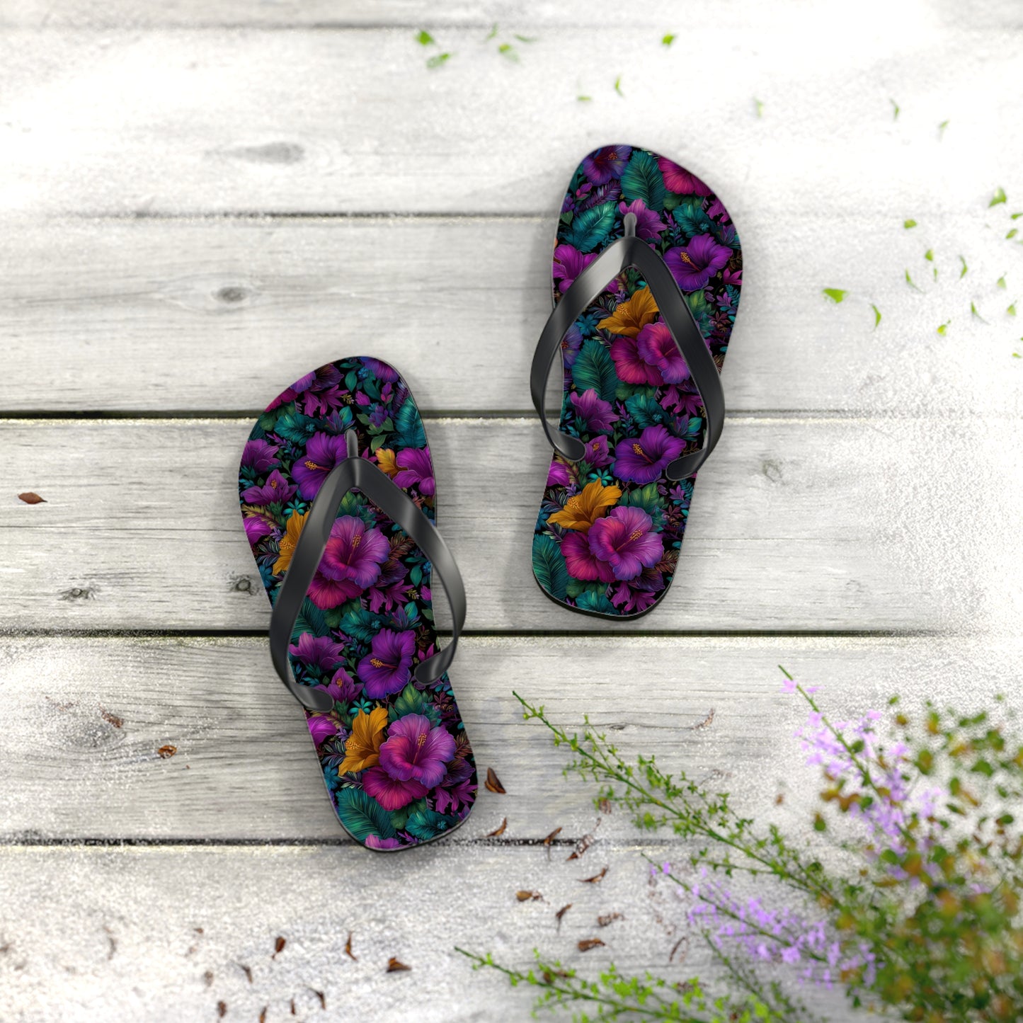 Floral Paradise Flip Flops — Vibrant Purple Hibiscus Beach Sandals