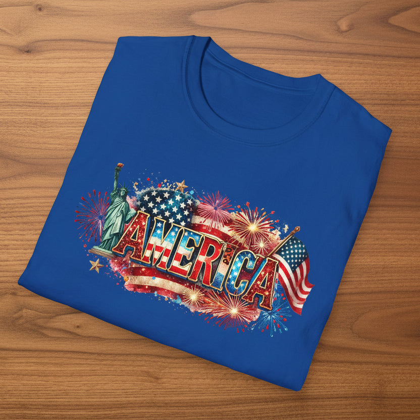 America T-Shirt — USA Flag, Fireworks & Statue of Liberty Design