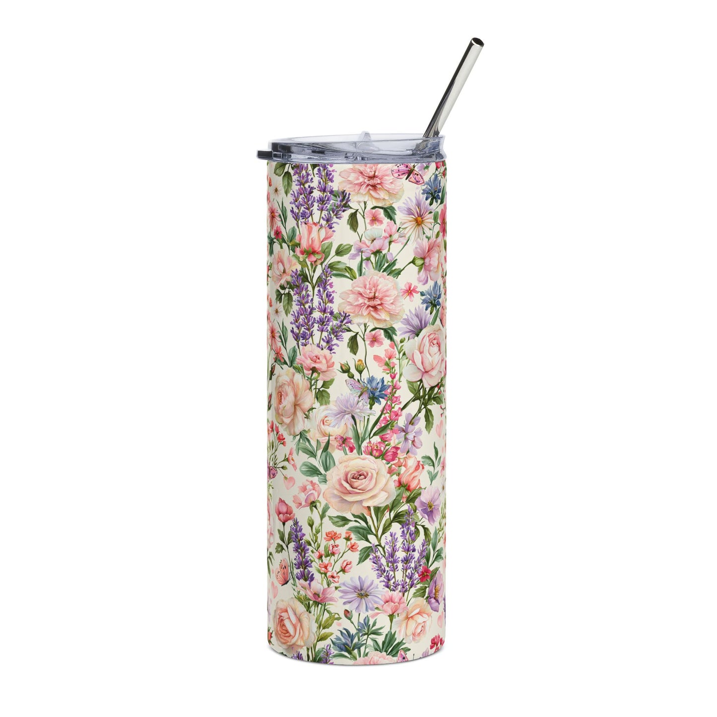 Cottage Garden 20oz Stainless Steel Tumbler — Pink Rose & Lavender Travel Cup