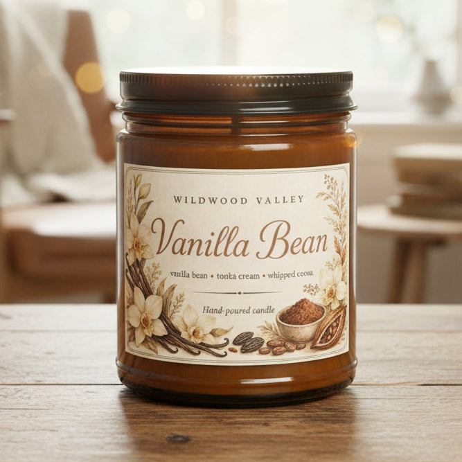 Vanilla bean candle with a label on a white background