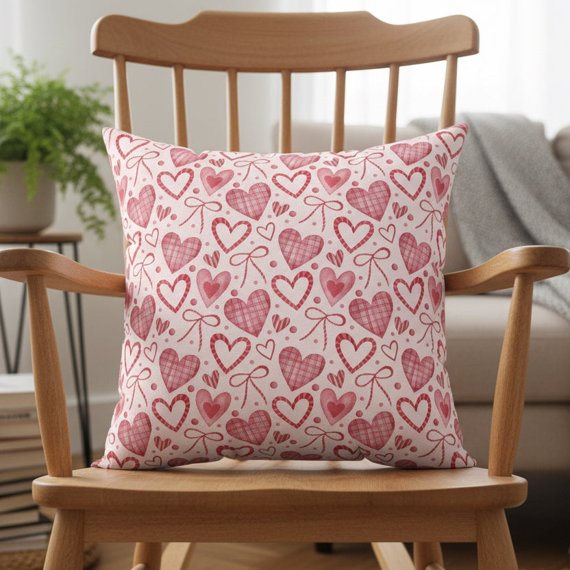 Pink Hearts & Ribbons Faux Suede Pillow