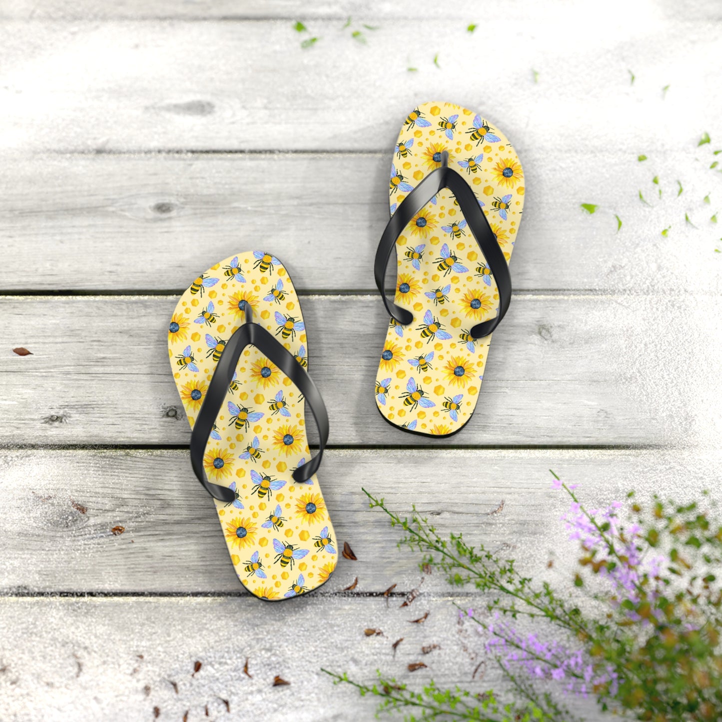 Sunflower Bees Flip Flops | Yellow Floral Beach Sandals