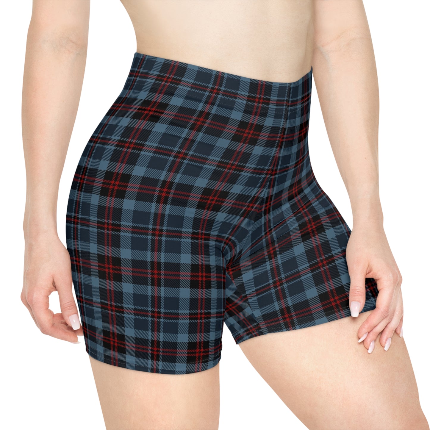 Highland Hearth Blue Plaid Women's Bike Shorts — High-Waist Athleisure Cycling Shorts