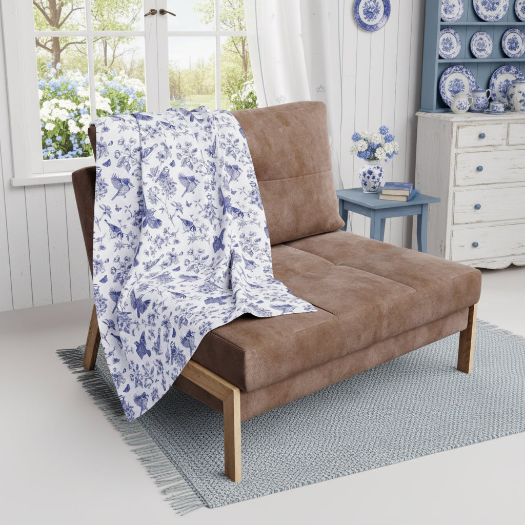 Floral Bluebird Toile Arctic Fleece Blanket