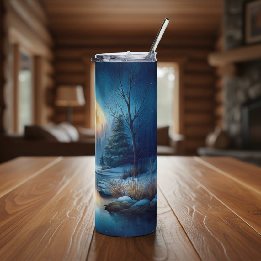 Tumbler with a forest design on a wood background