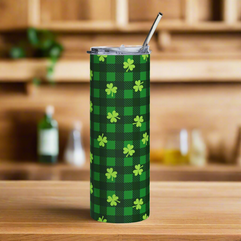 Green Plaid Shamrock 20oz Stainless Steel Cup