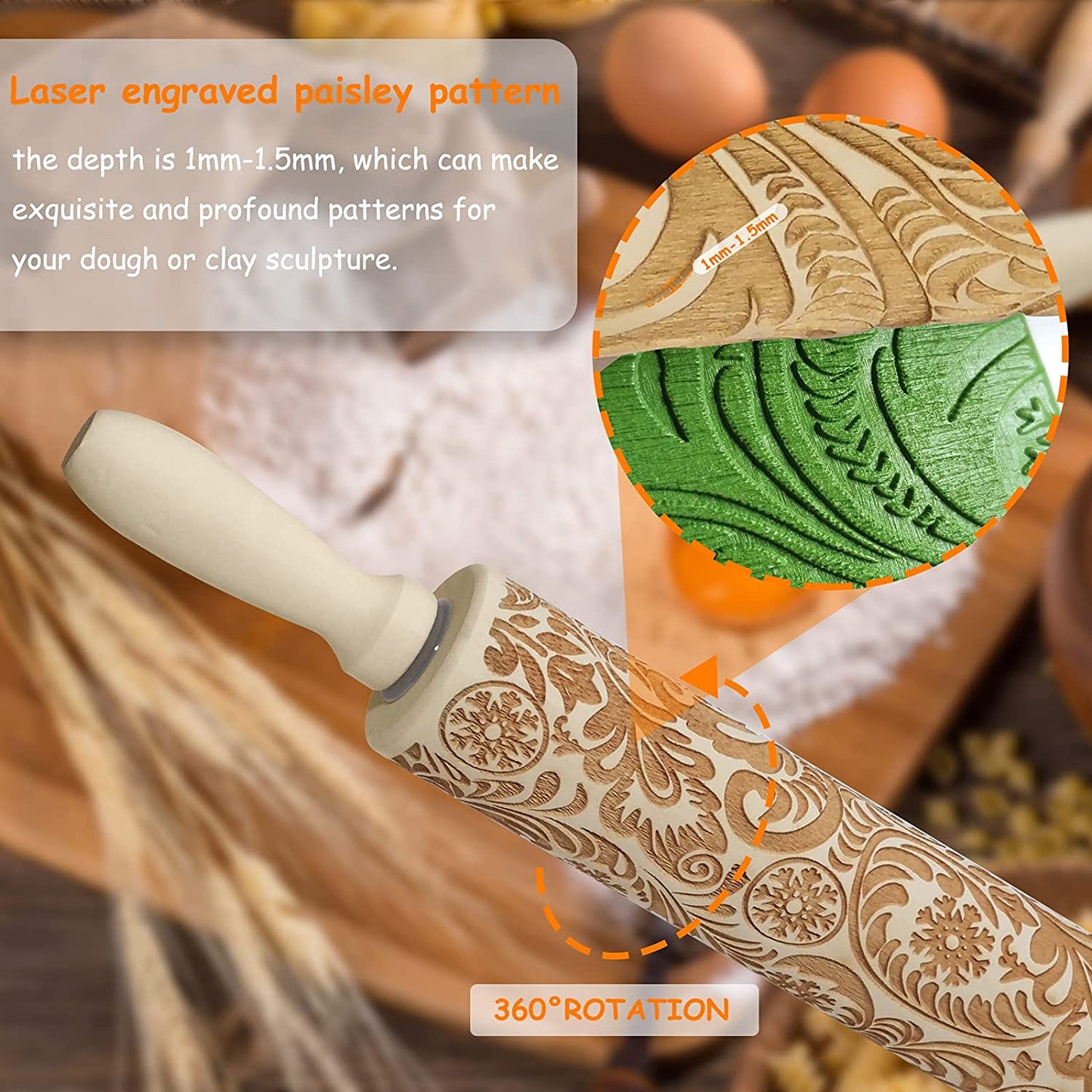 Embossed Rolling Pins Christmas Rolling Pin,3D Paisley Pattern Flower Snowflake Rattan Wooden Roll Pin Laser Engraved Rolling Pin DIY Tool for Kids and Adults to Make Cookie Dough (35 * 5)