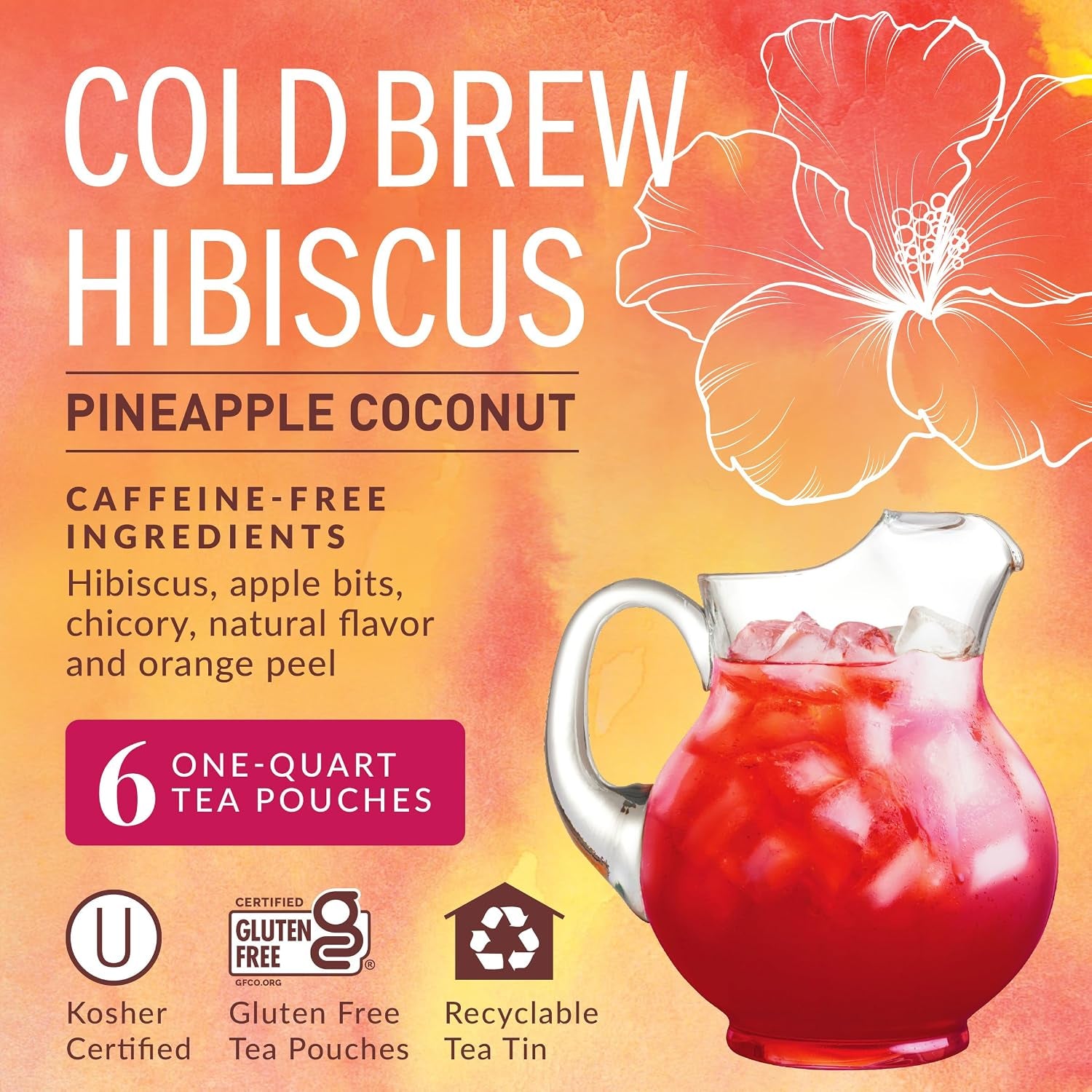 The Republic of Tea Cold Brew Hibiscus Pineapple Coconut Iced Tea, 6 Ct | Herbal Tea, Caffeine Free, Cold Brew Hibiscus with Tropical Pineapple and Coconut Notes