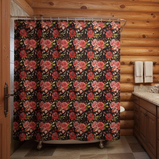 Floral Rose Shower Curtain — Vintage Red & Pink Roses on Black Bathroom Decor