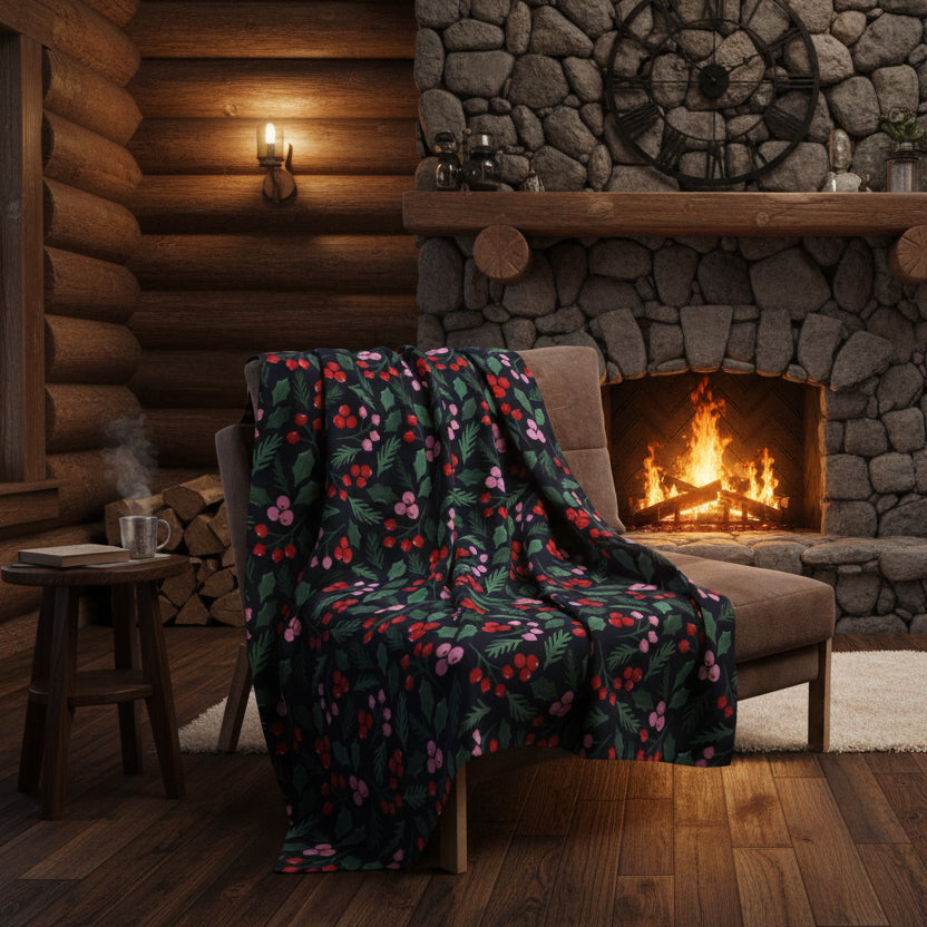 Festive Holly & Berries Fleece Blanket