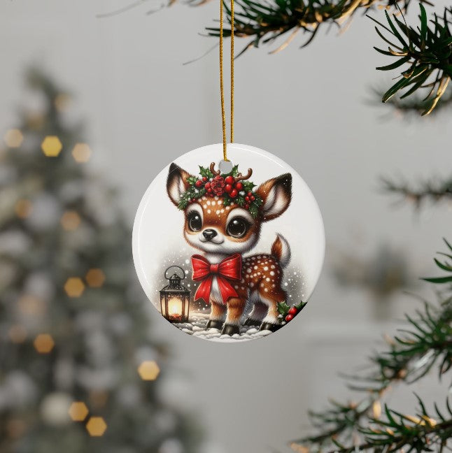 Hollyberry Fawn Ceramic Christmas Ornament