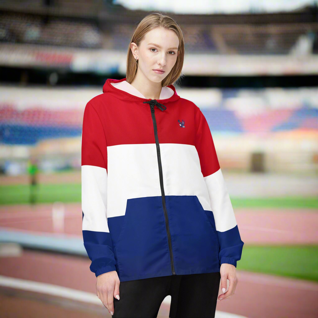 USA Flag Colorblock Windbreaker Jacket — Patriotic Red White Blue Hoodie