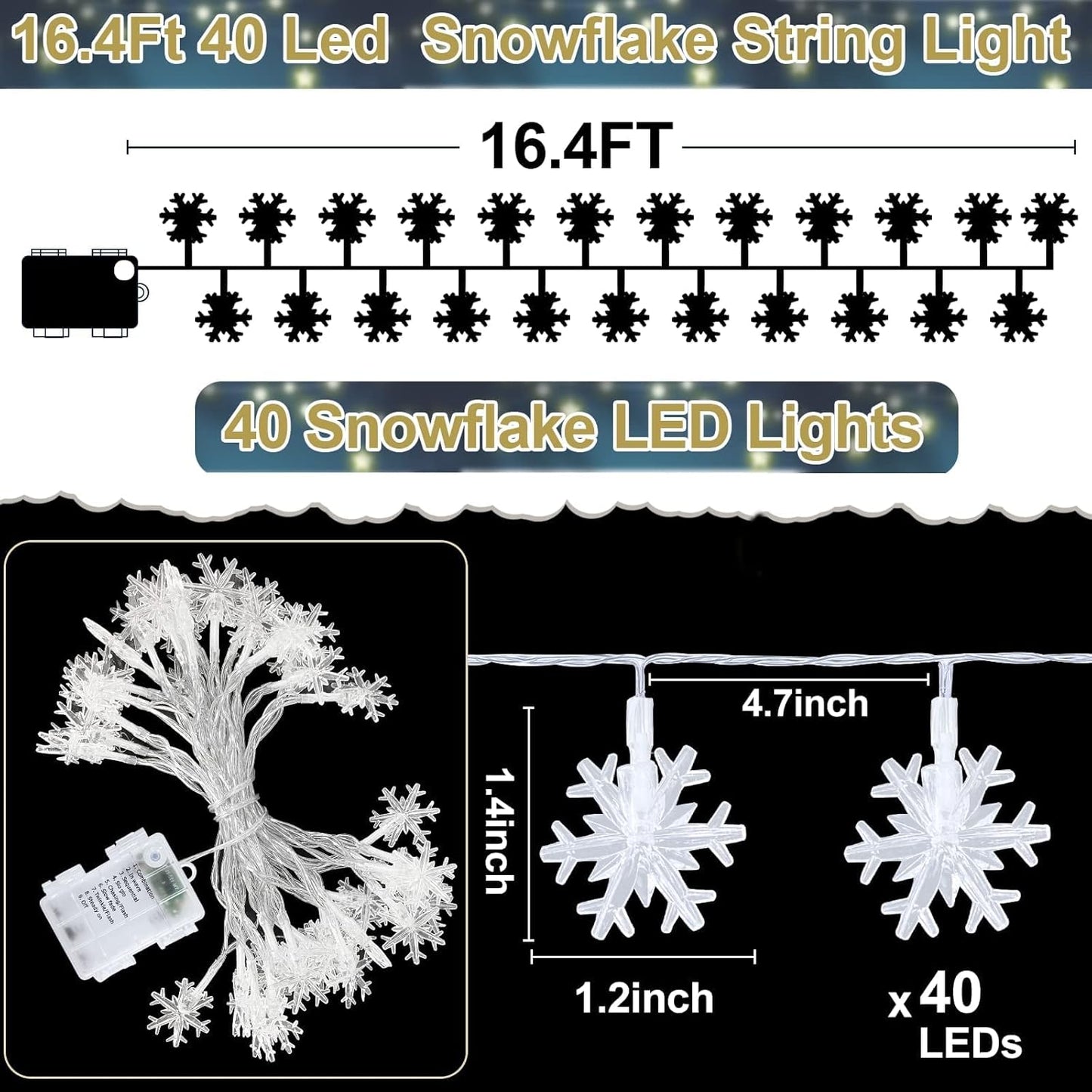 Snowflake LED String Lights – 16.4 Ft, 8 Modes with Remote & Timer