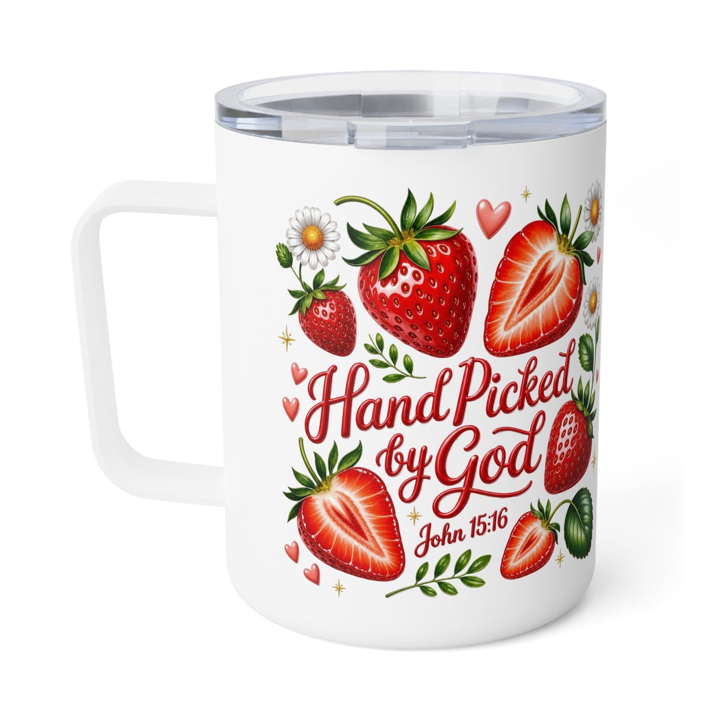 Handpicked By God 10oz Insulated Coffee Mug | Strawberry Floral Travel Tumbler