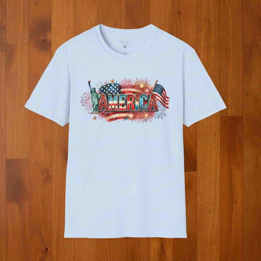 America T-Shirt — USA Flag, Fireworks & Statue of Liberty Design