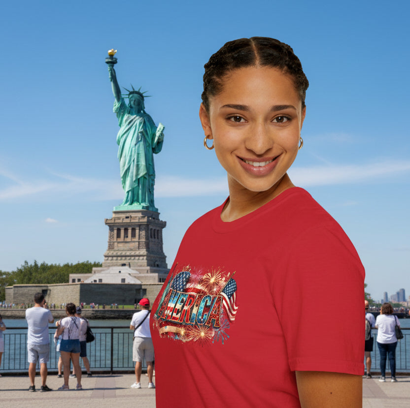 America T-Shirt — USA Flag, Fireworks & Statue of Liberty Design