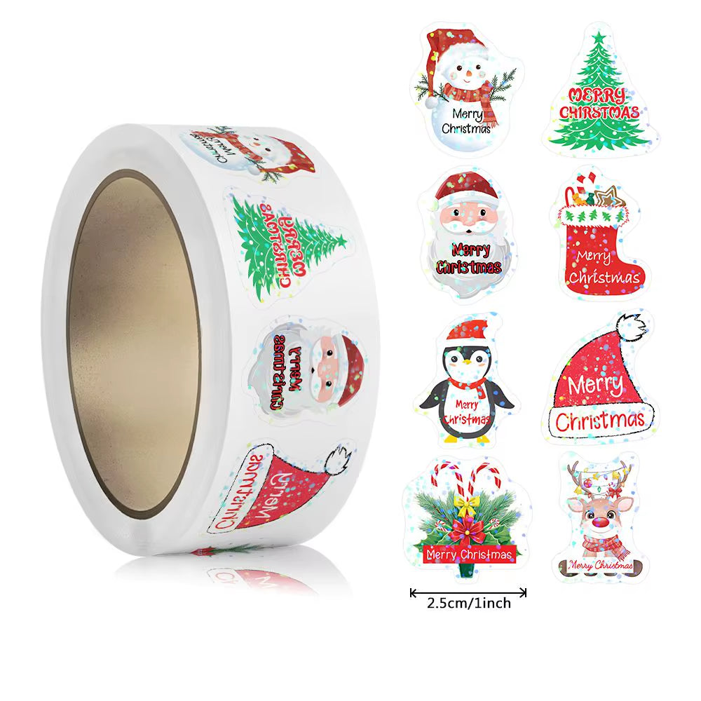 500Pcs Laser Cartoon Christmas Stickers Christmas Gift Wrapping Label Sticker Reward Stickers Scrapbook Stationery,1"