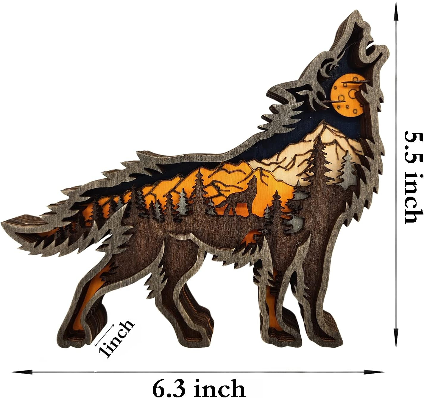 Wooden Wolf Forest Shelf Decor – Layered 3D Hand-Carved Ornament