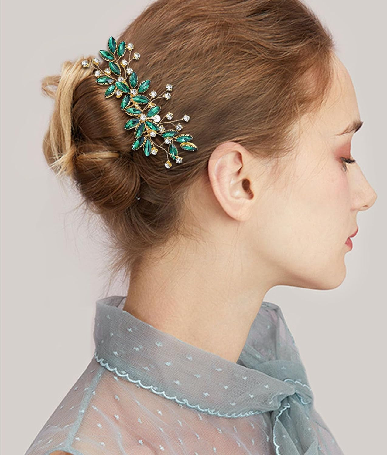 Green Crystal Bride Wedding Hair Side Comb Green Leaf Rhinestone Gold Hair Vine Rhinestone Bride Headpiece Jewelry Wedding Hair Accessories for Women