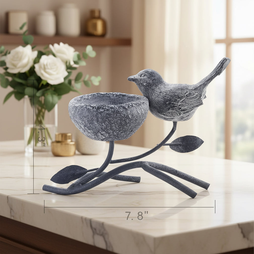 Votive Candle Holders, Vintage Home Decor Centerpiece, Iron Branches, Resin Bird and Nest, Tabletop Decorative Tealight Candle Stands,Creative Artwork (Grey Black)