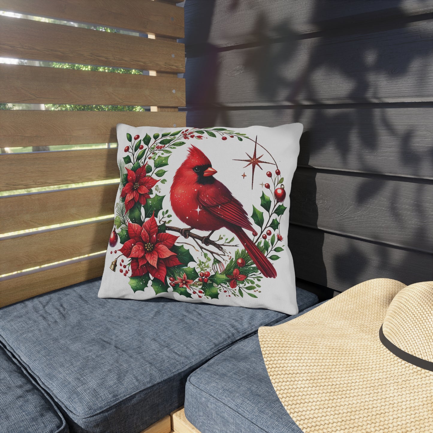 Cardinal & Poinsettia Outdoor Pillow