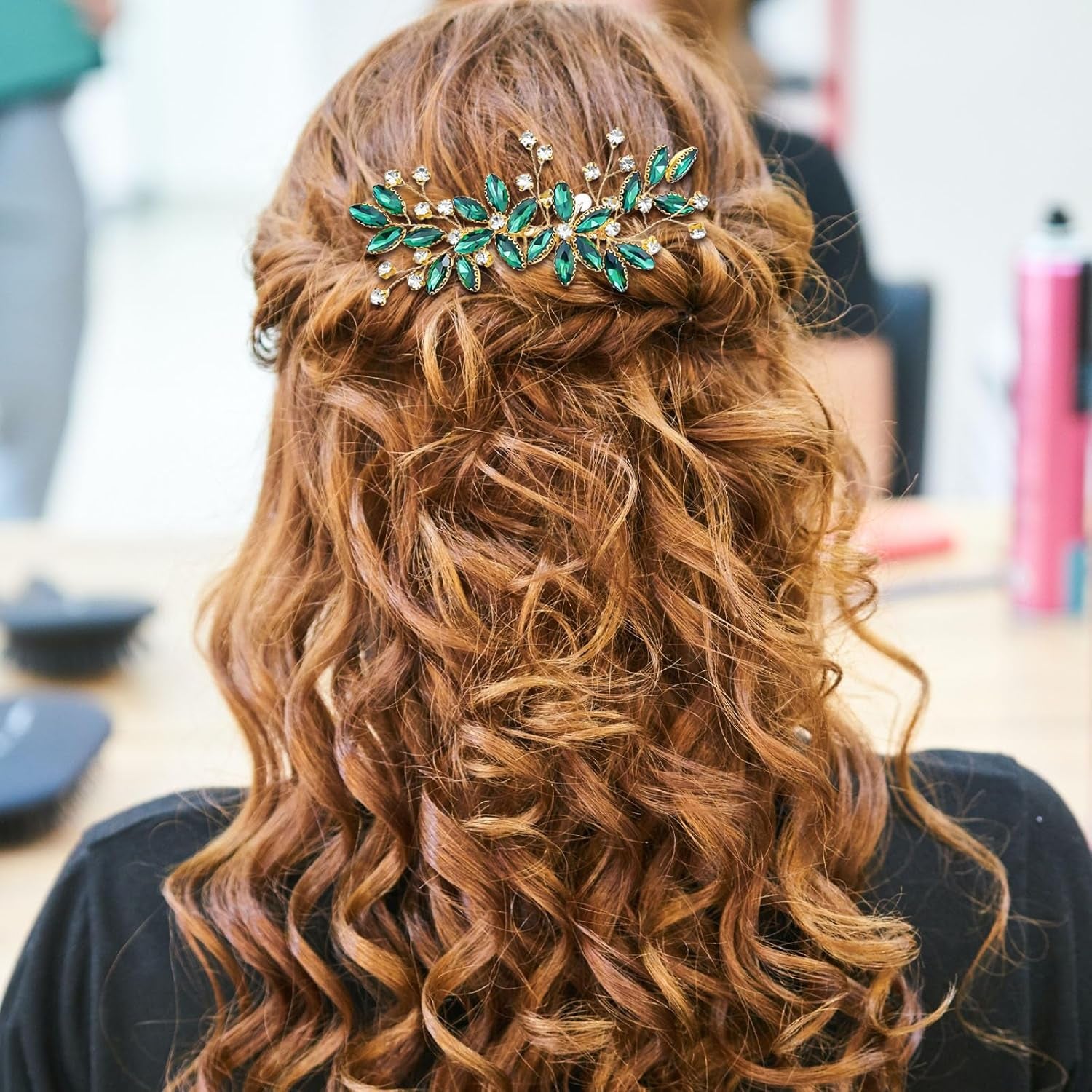 Green Crystal Bride Wedding Hair Side Comb Green Leaf Rhinestone Gold Hair Vine Rhinestone Bride Headpiece Jewelry Wedding Hair Accessories for Women