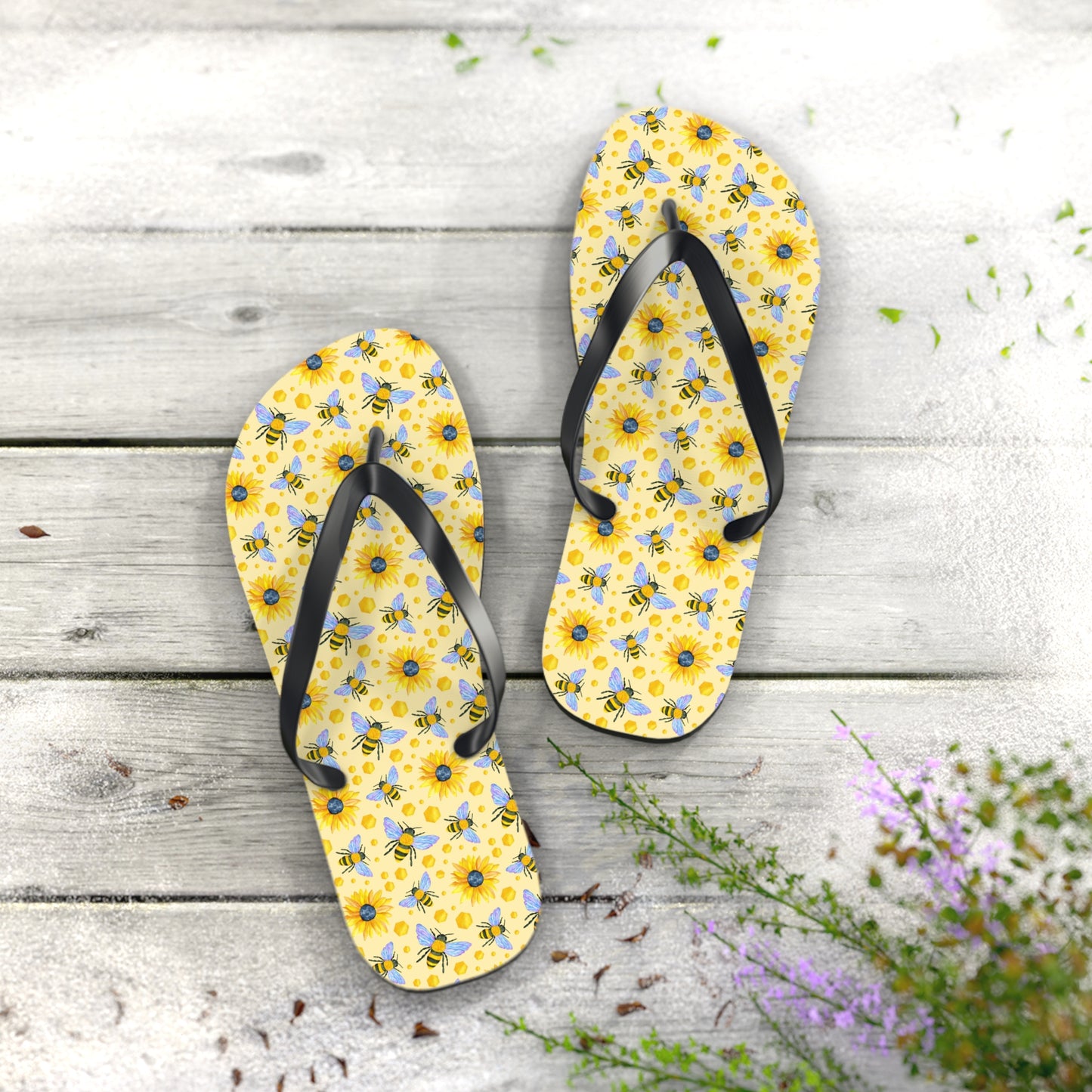 Sunflower Bees Flip Flops | Yellow Floral Beach Sandals