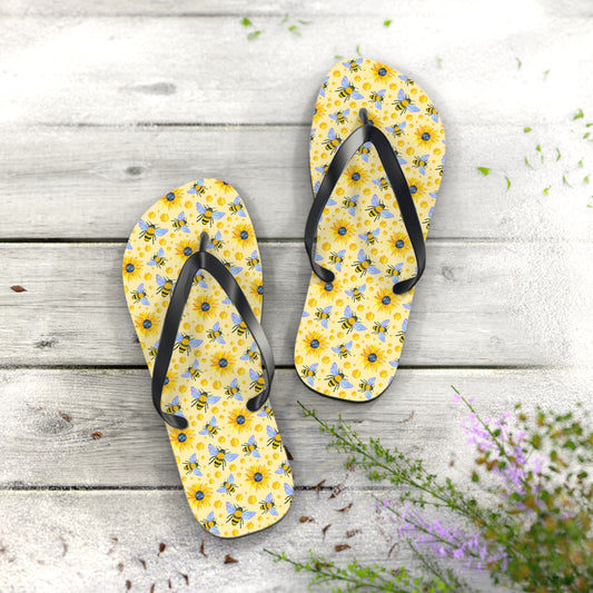 Sunflower Bees Flip Flops | Yellow Floral Beach Sandals