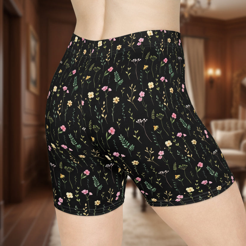 Floral Meadow Spandex Shorts — Black Wildflower Print