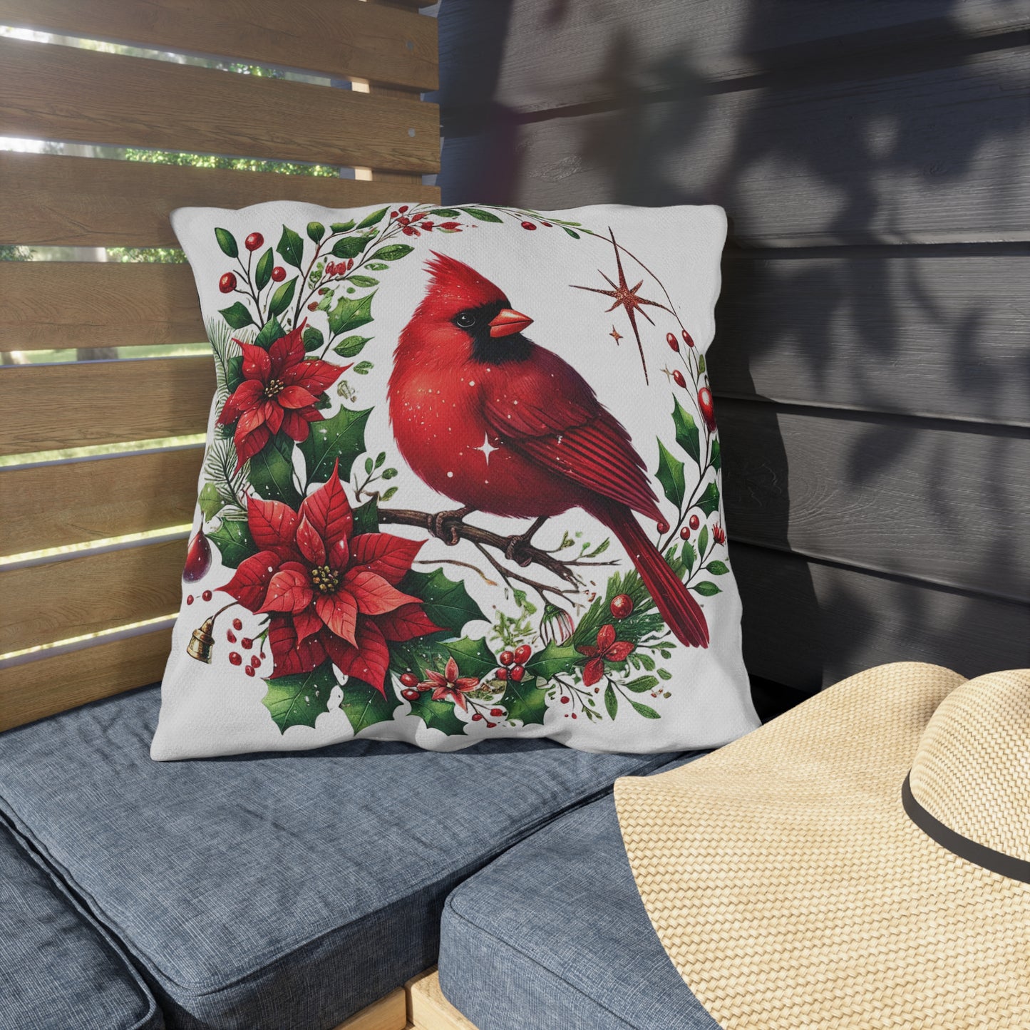 Cardinal & Poinsettia Outdoor Pillow