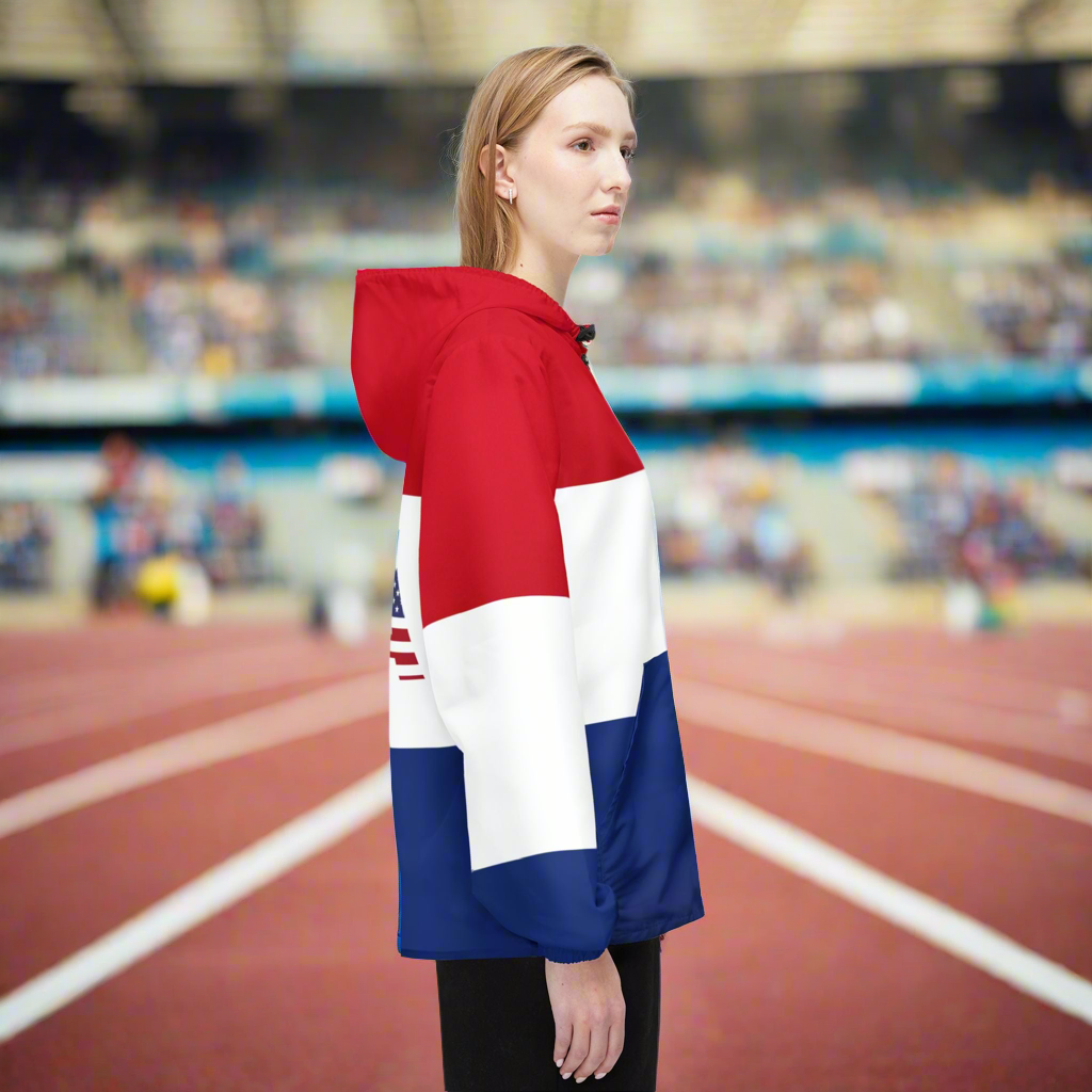 USA Flag Colorblock Windbreaker Jacket — Patriotic Red White Blue Hoodie