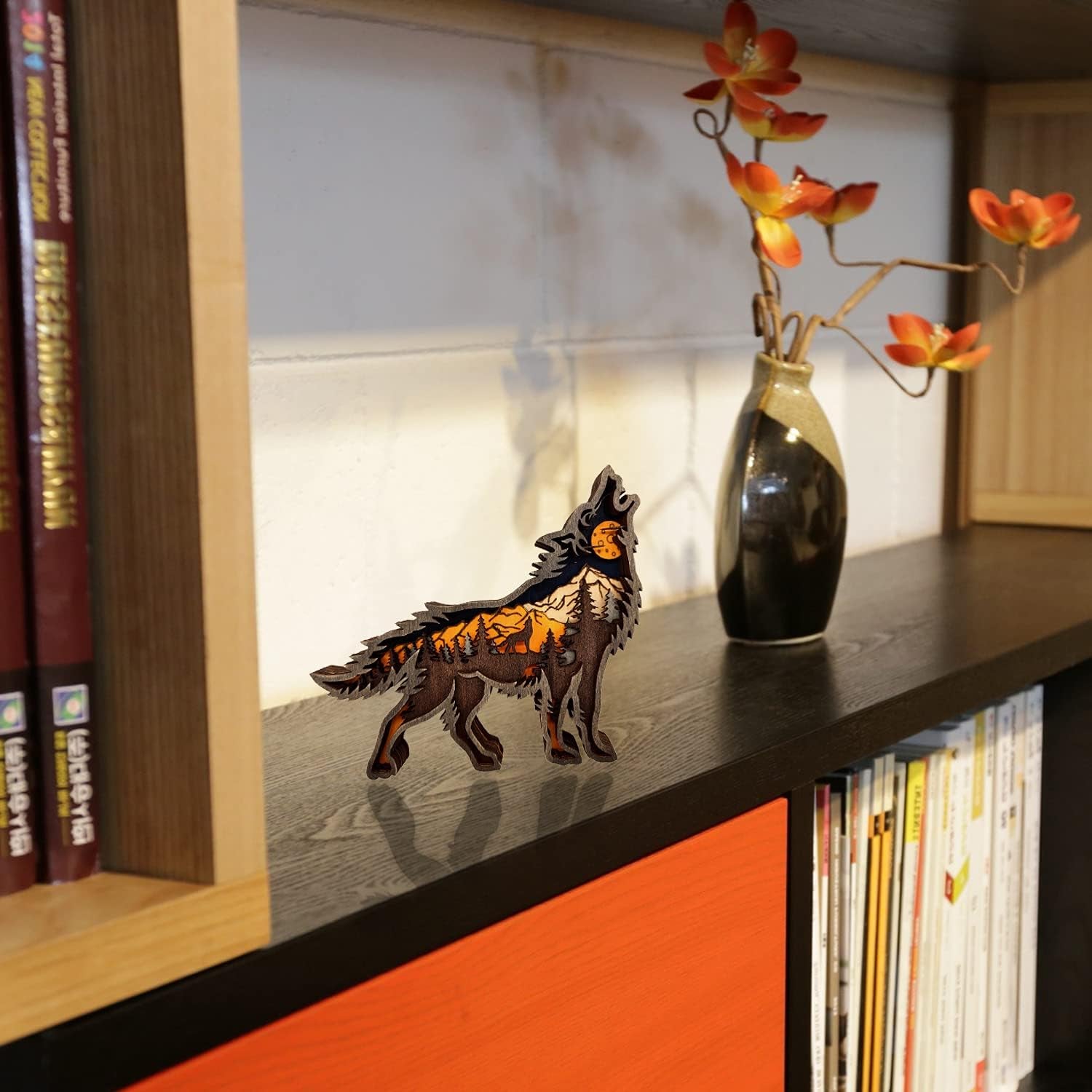 Wooden Wolf Forest Shelf Decor – Layered 3D Hand-Carved Ornament