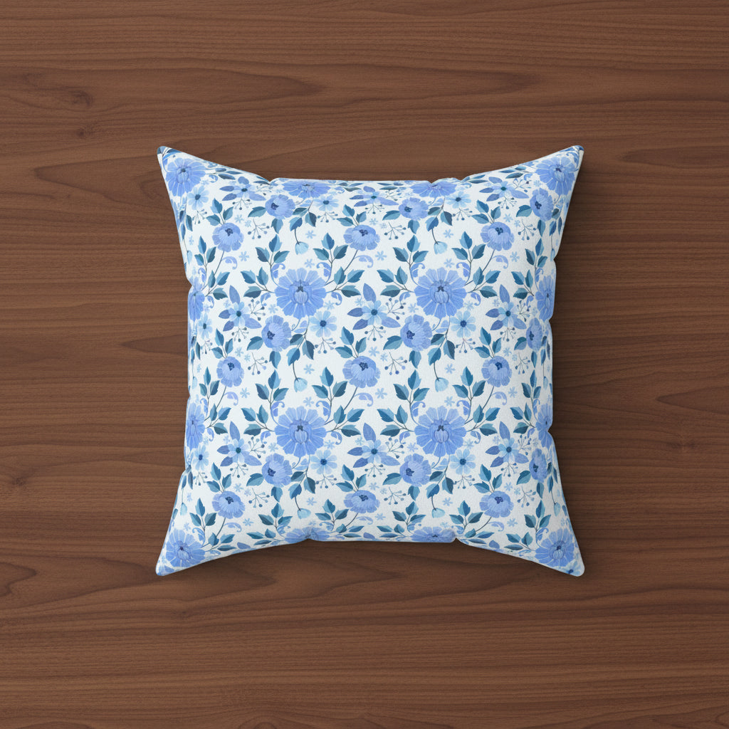 Blue Floral Faux Suede Pillow