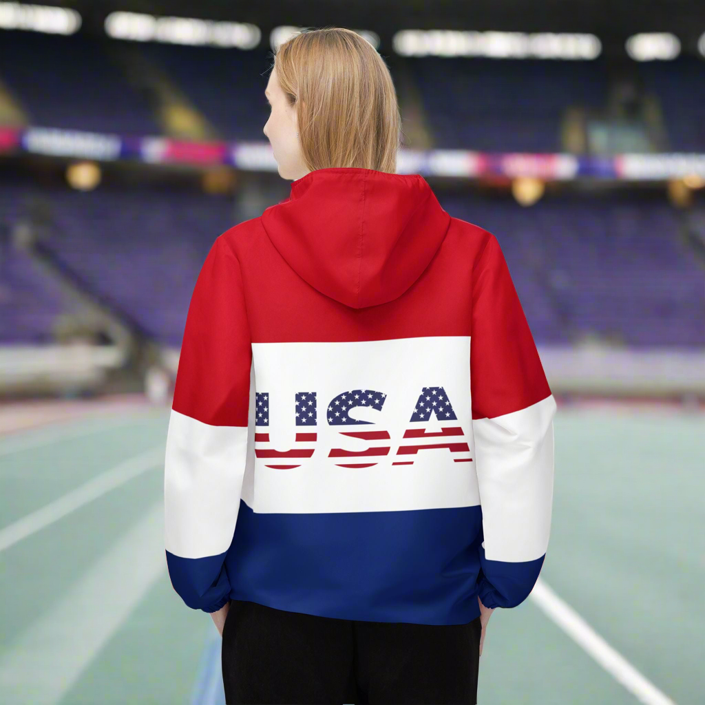USA Flag Colorblock Windbreaker Jacket — Patriotic Red White Blue Hoodie