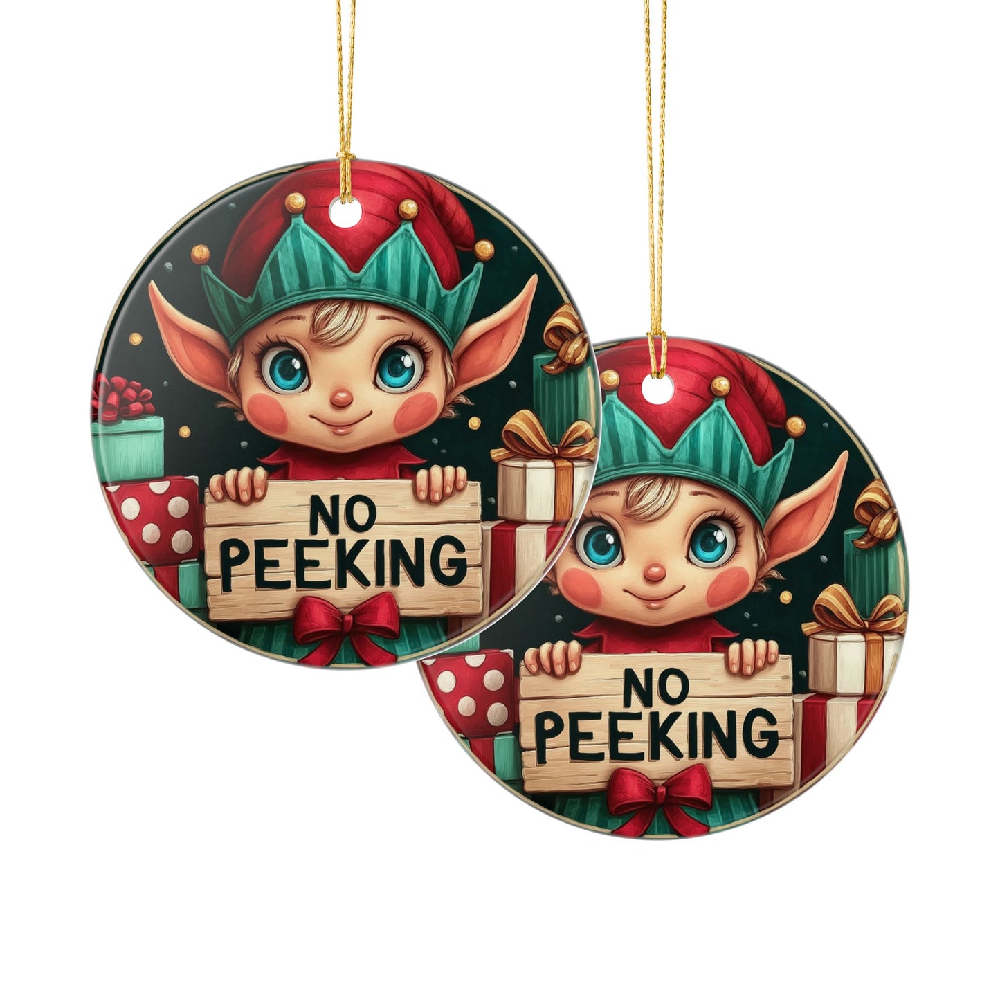 No Peeking Elf Ceramic Christmas Ornament