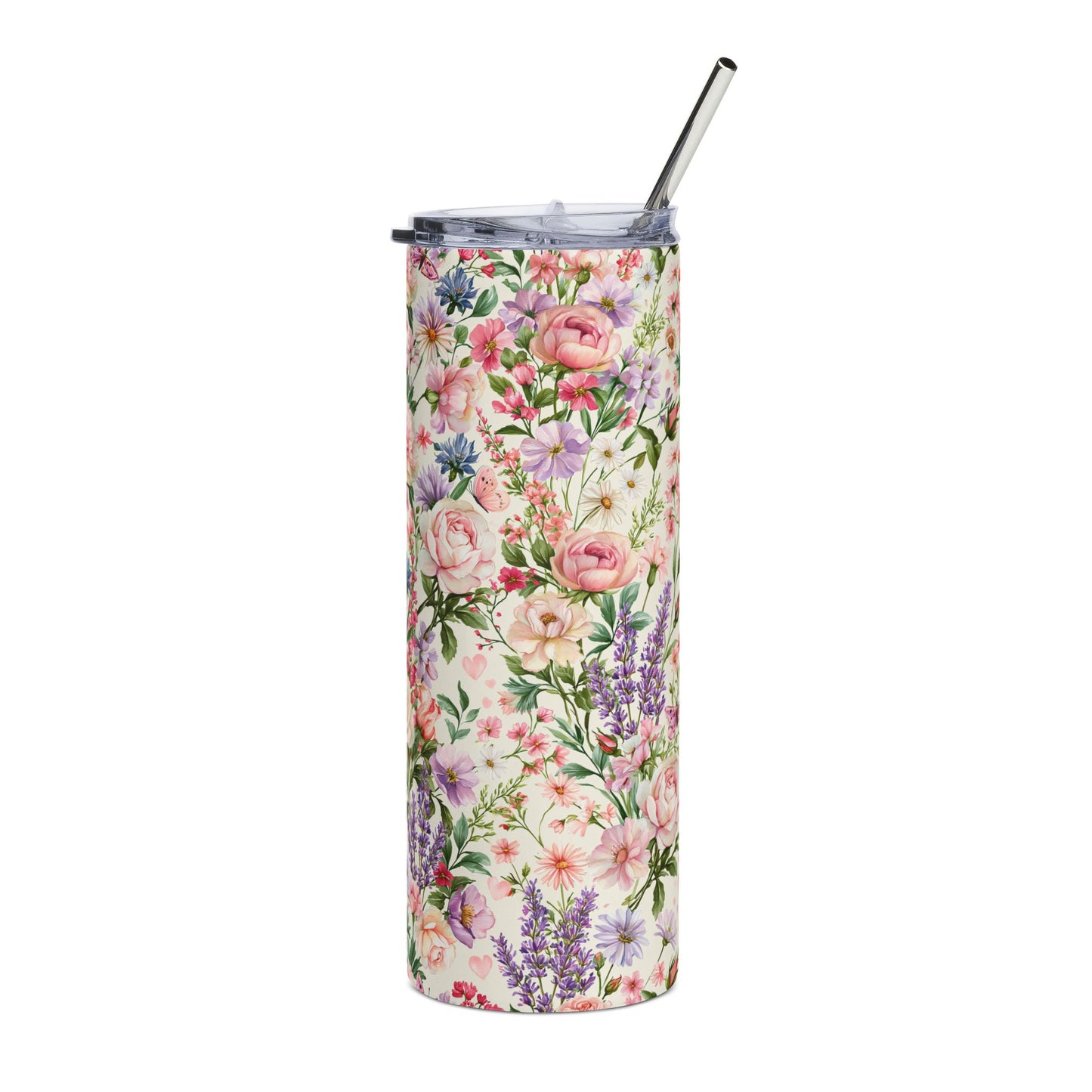 Cottage Garden 20oz Stainless Steel Tumbler — Pink Rose & Lavender Travel Cup