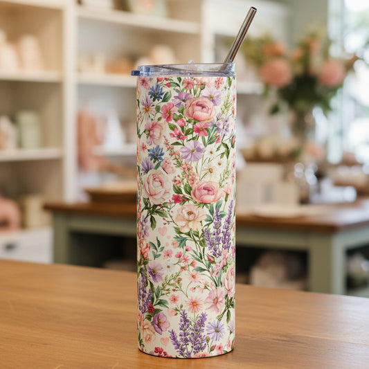 Cottage Garden 20oz Stainless Steel Tumbler — Pink Rose & Lavender Travel Cup