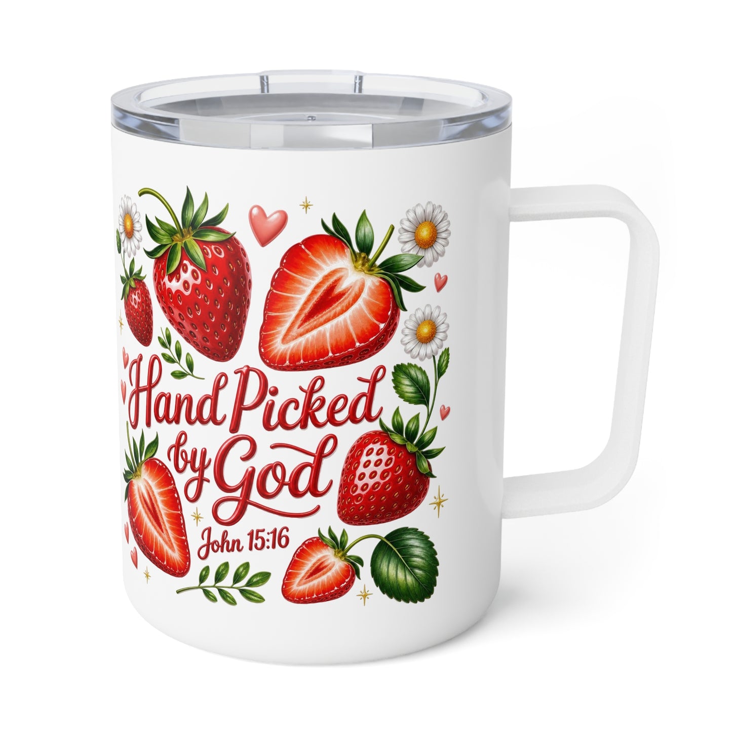 Handpicked By God 10oz Insulated Coffee Mug | Strawberry Floral Travel Tumbler