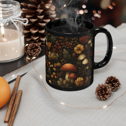 Vintage Mushroom Black Ceramic Mug | 11oz