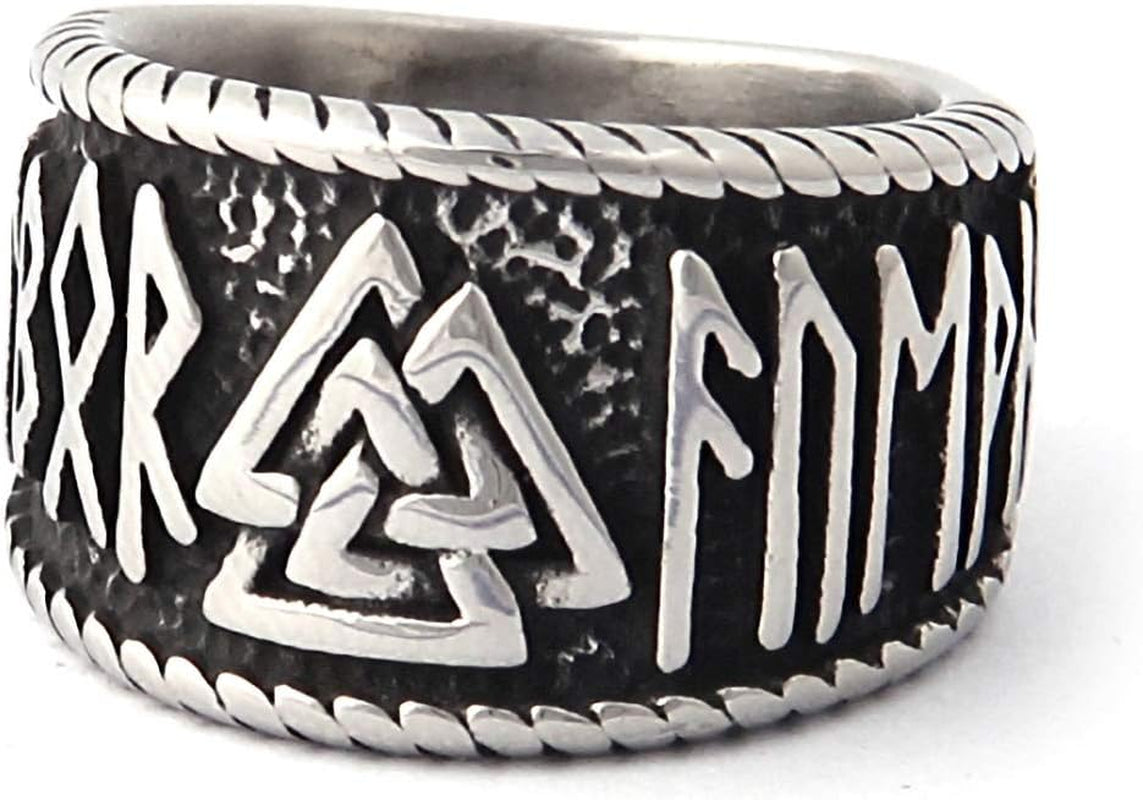 Valknut Symbol Ring with Rune Letters 316L Stainless Steel Norse Scandinavian Viking Jewelry
