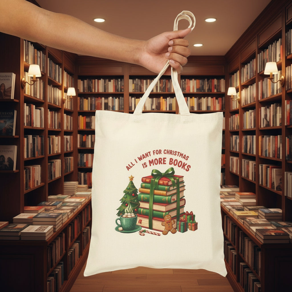 “All I Want for Christmas is More Books” Festive Canvas Tote