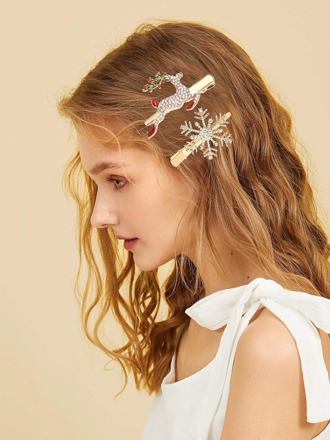 Christmas Hair Clips Hairpin Sparkling Rhinestone Christmas Tree Bells Snowflake Reindeer Hair Barrette Xmas Holiday Party Alligator Hair Clips Hair Accessories for Woman (Snowflake Reindeer)